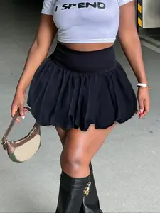 Women's Solid High Waist Bubble Skirt, Fashionable Puffy Short for Party Club Dating, Ladies Bottoms All Seasons, Seasonless, Holiday Wear, Lightweight, Versatile, Modern, Event Wear, Effortless Style