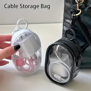 2pcs Compact Transparent Zippered Storage Bags with Keychain - Durable PVC, Perfect for Earphones, Chargers, and Travel Accessories, Portable on the Go, Cables Not Included