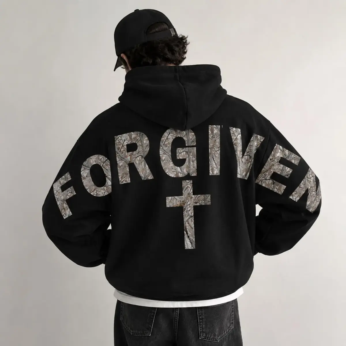Camo Forgiven Arm to Arm Lettering Hoodie, Hunting Sweatshirt Faith Christmas Gift Religious Present Jesus Apparel Christian Text Zip Hoodie