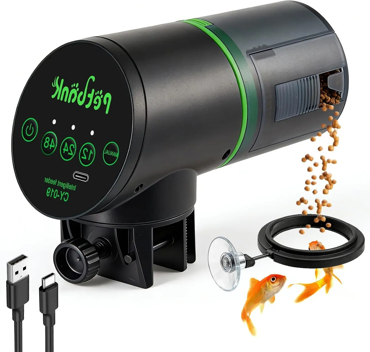 Automatic Fish Feeder for Aquarium Easy Setup with 12/24/48H Interval 200ML USB-C Rechargeable Auto Food Dispenser for Flakes Pellets Vacation Feeding Small Tank Betta Koi Turtle
