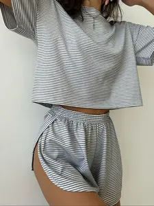 Women's Casual Striped Knit Top & High-Waisted Slit Shorts Set, Loose-Fitting Summer, Comfortable Daily Wear, Stylish Two-Piece Ensemble, Outfit, Womenswear