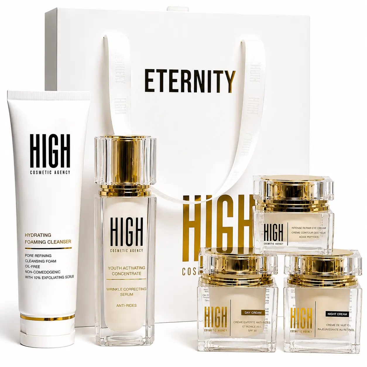 HIGH Cosmetic Agency ETERNITY 5-Step Anti-Aging Skincare Set - Complete Face Care Routine with Cleanser, Wrinkle Correcting Serum, Eye Cream, Day Cream SPF 30 & Night Cream | Luxury Skincare Gift Set