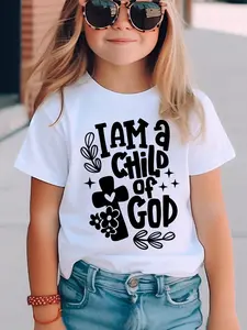 Girls "I Am A Child Of God" Cross Floral Graphic T-Shirt, Soft Cotton Short Sleeve Tee, Christian Faith Themed Casual Top for Kids