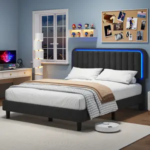 【 LED 】 Bed frame with USB Charging Station App Controlled Adjustable Headboard Lighting Modern Upholstered Platform No Noise No Box Spring Bedroom Furniture Gift