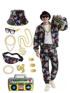 "Asuaxy" 80s 90s Men Outfit Halloween Party Rapper Hip Hop Costumes Men Women Track Suits Retro Windbreaker Sportwear Set