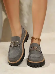 Women's Slip-On Loafers, Metal Chain Thick Sole, Casual PU Leather Shoes, Comfortable Lightweight, Non-Slip Work Shoes, All Seasons
