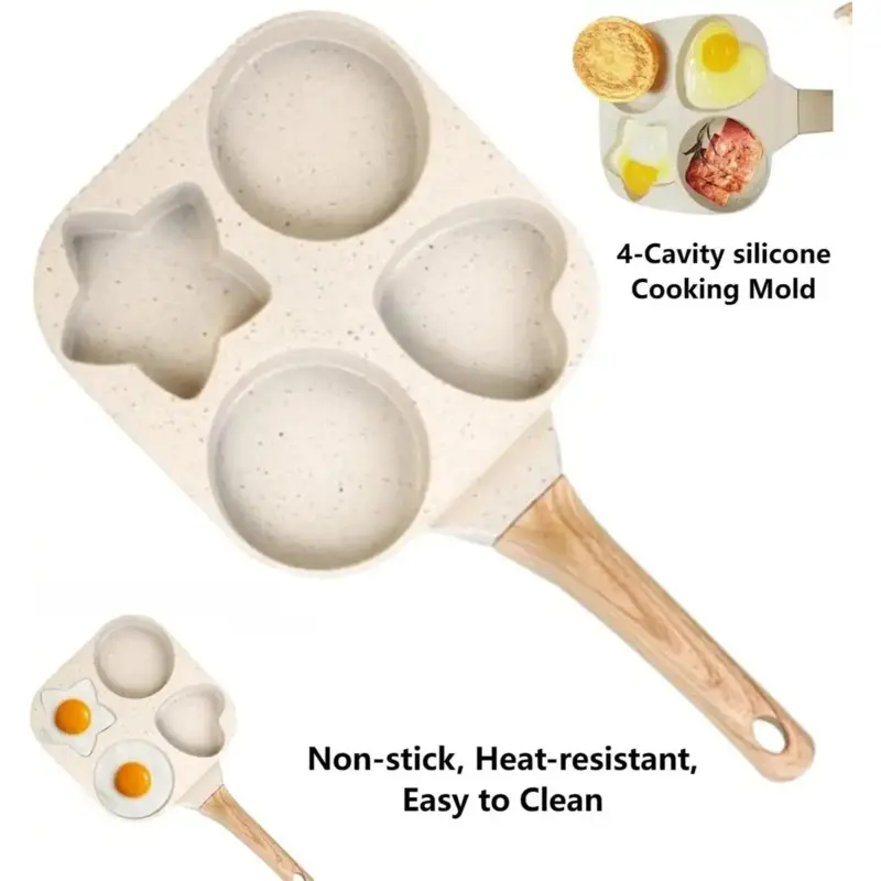 1pc Non-stick egg frying pan, Non Stick Friendly, Cookware, 4-hole Heart-Shaped Pancake Pan with Wooden Handle, Granite-Style Breakfast Skillet, Small Nonstick Pan for Eggs, Pancakes & Crepes, Easy-Clean Kitchen Gadget, Birthday Gift Idea pan