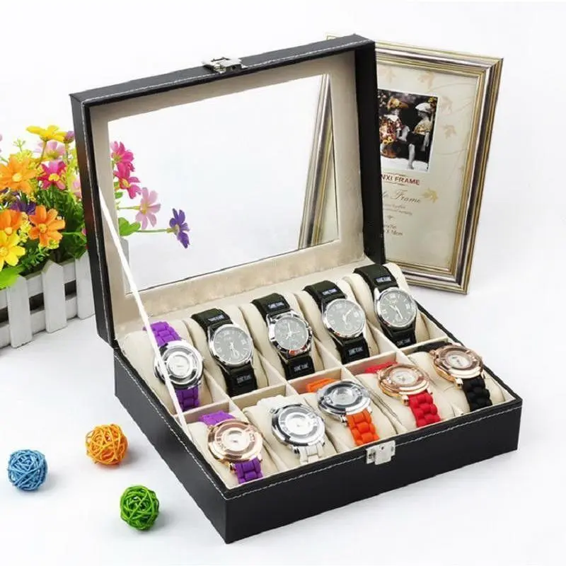 10/12-Slot Watch Box Organizer , Watch Display Case for Men & Women, Faux Leather Jewelry Storage Box with Removable Cushions, Watch Holder Gift for Dad, Husband & Collectors clear