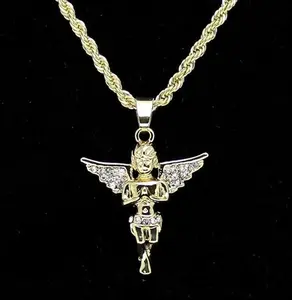 MaxBling81 Unisex Hip Hop Gold-Plated Angel-Shape Pendant with Zirconia, 3mm 24-Inch Rope Chain, Daily Wear Costume Jewelry Necklace