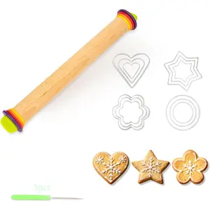 Adjustable Rolling Pin with Thickness Rings, Wooden Dough Roller & 12 Stainless Steel Cookie Cutters Set - 5-in-1 Baking Kit for Pizza, Fondant, Pie, Cookies, Pastry, 17" Non-Stick
