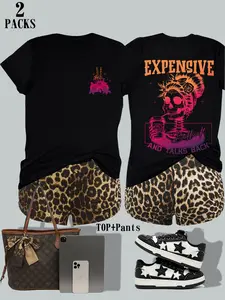 Women's Casual Sporty Round Neck Short Sleeve T-Shirt & Cycling Shorts Set, Casual Gym Wear, Gradient Skull Girl Print, Fashion Streetwear, All Seasons