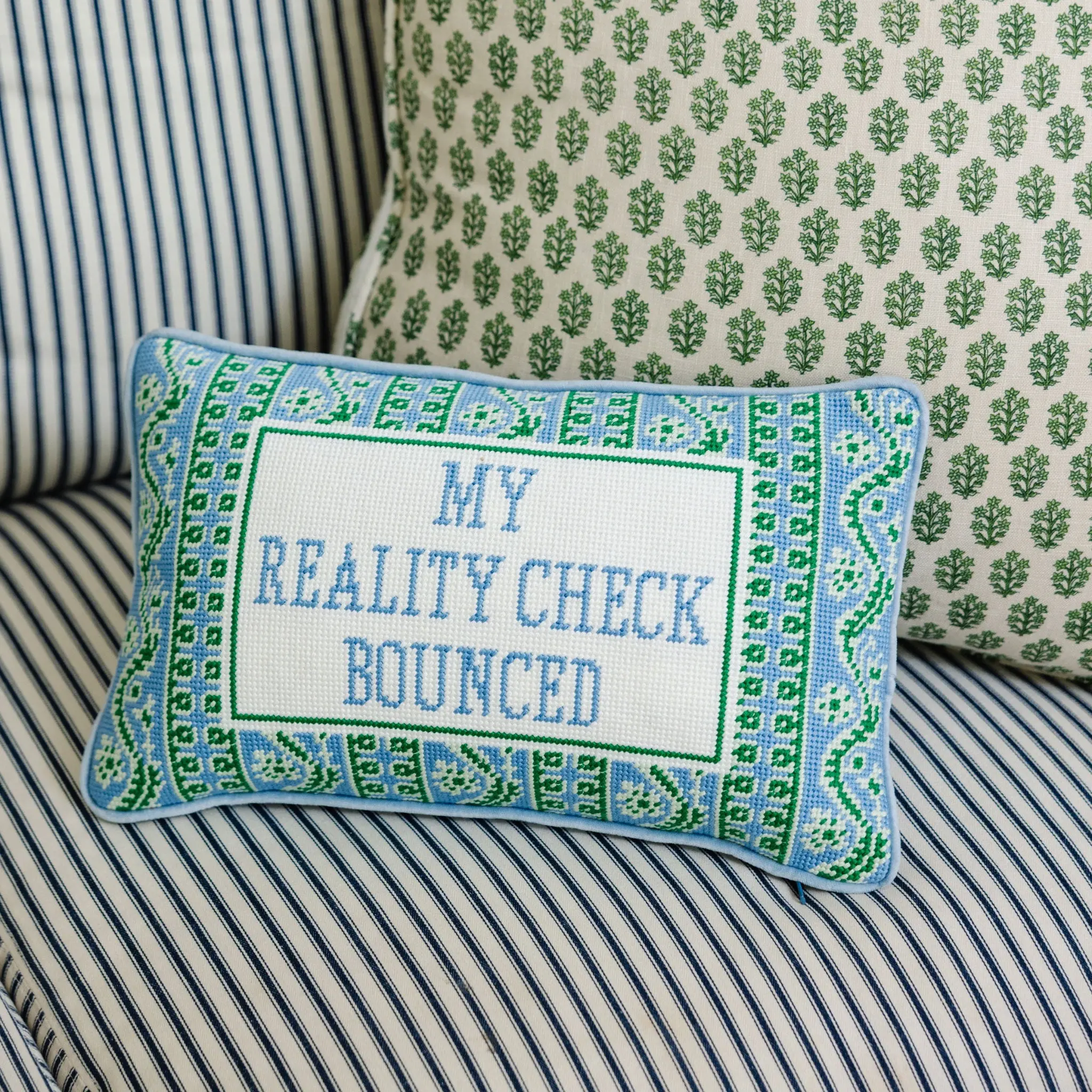 Reality Check Velvet Needlepoint Pillow - 9"x15", Bold Text Design, Charming Sayings, Detailed Stitching
