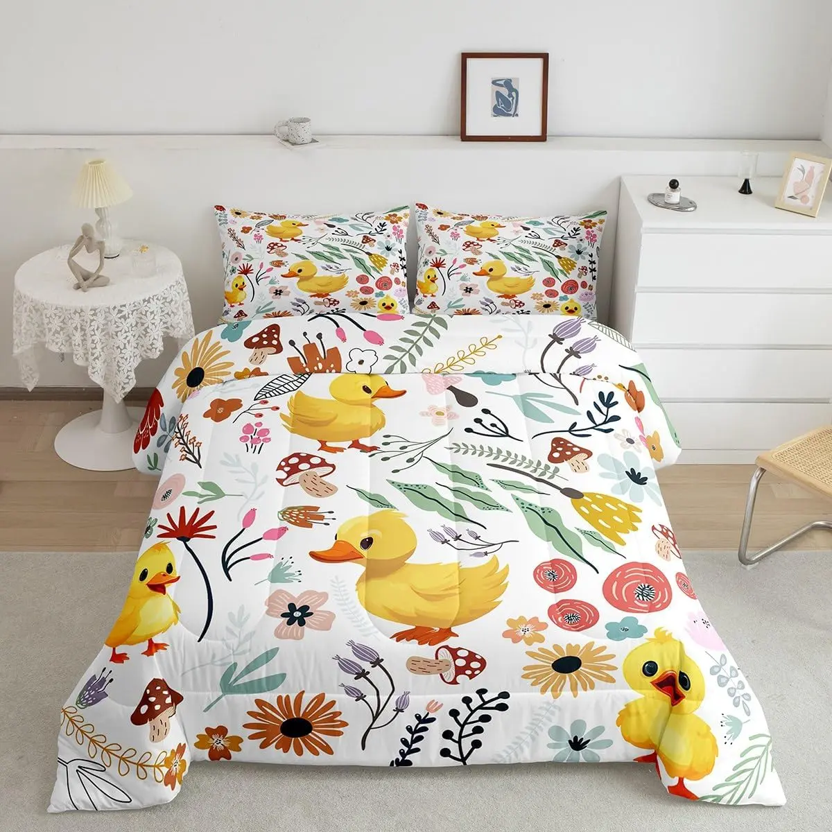 Feelyou Kawaii Duck Microfiber Bedding Set - Soft Breathable Flower Printed Bedding with Watercolor Mushroom Leaves Duvet Insert, Animal Cartoon Quilt, Lightweight Floral Blanket for Kids, Soft Breathable Bedding