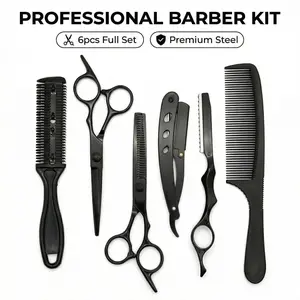 Professional Hair Cutting Kit – Thinning Shears, Razor, Comb & Texturizing Tools Set for Salon & Home Use (6PCS Black Barber Kit)