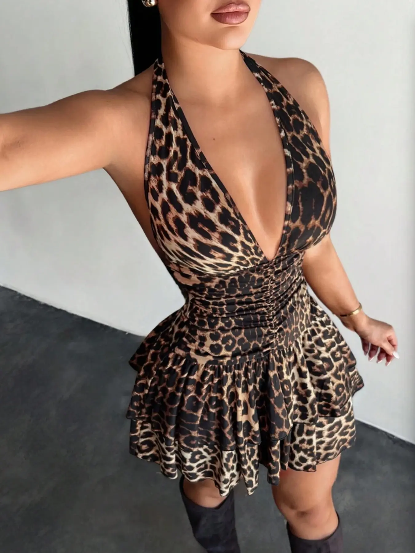 Women's Leopard Print Halter Ruffled Dress, Sexy Vacation Dress, Boho Summer Holiday, Boho Flowy Attire, Cheetah Print, Cheetah Dress, Leopard Dress, Birthday Dress, Summer Fashion, Casual Boho Style, Lightweight, Feminine, Womenswear