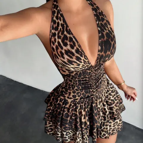 Women's Leopard Print Halter Ruffled Dress, Ruffled Hem Dress, Sexy Vacation Dress, Boho Summer Holiday, Boho Flowy Attire, Cheetah Print, Cheetah Dress, Leopard Dress, Birthday Dress, Summer Fashion, Lightweight, Feminine, Womenswear