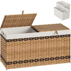 Storage Basket with Lid, 52.8 Gallon (200L) Wicker Storage Basket with 2 Separate Lid, Blanket Storage Bin with 2 Removable Liner Bags, for Bedroom, Laundry,  and Brown NL277CW01