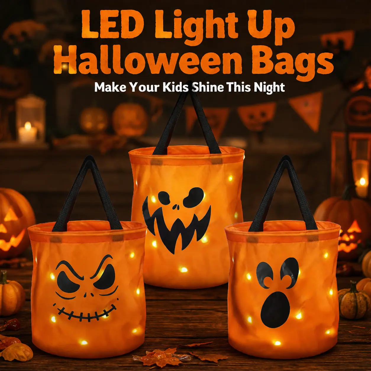 3 PCS Halloween Candy Pumpkin Buckets, 10.2 x 11.8 LED Light Trick or Treat Buckets, Orange Reusable Goody Treat Baskets Polyester Bags, Halloween Birthday Party Favor Supplies