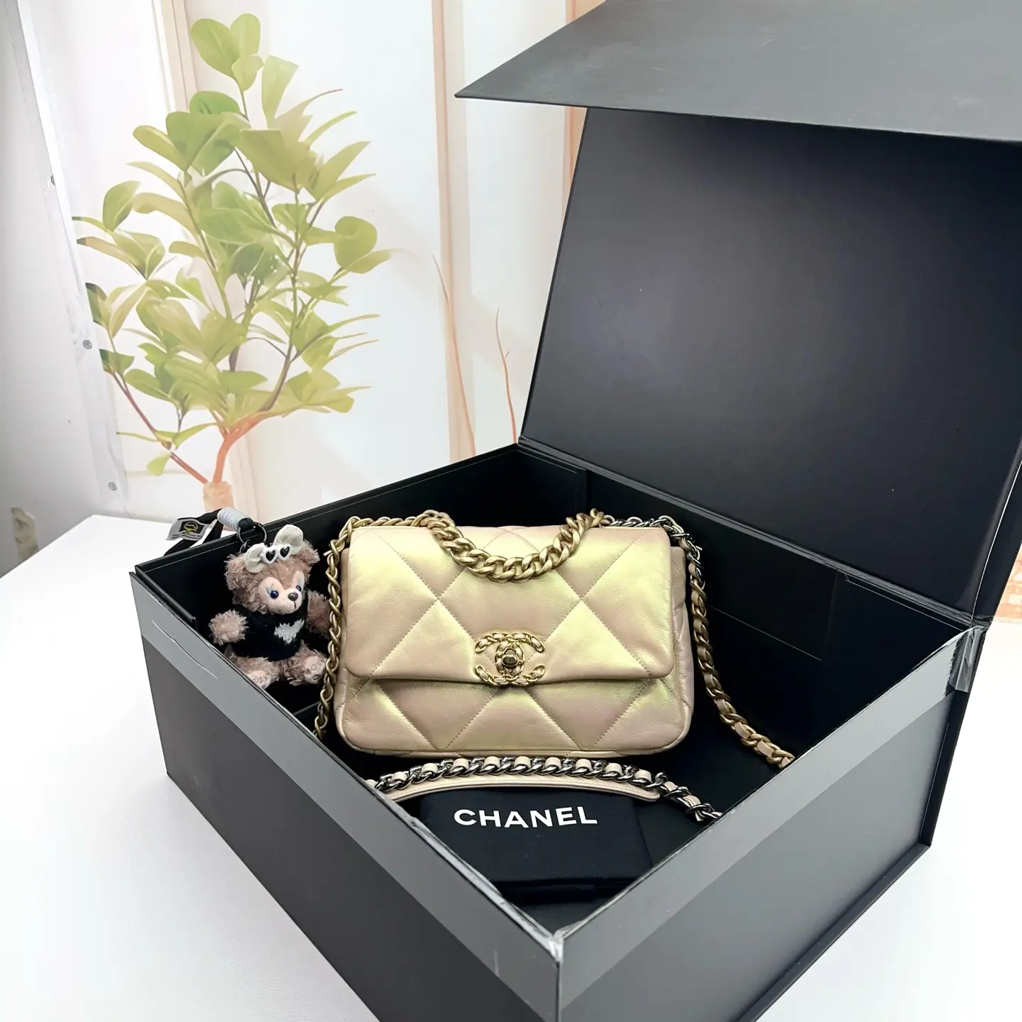 Pre-owned CHANEL Iridescent Gold Quilted Lambskin 19 Flap Bag 0801 raye 23974673