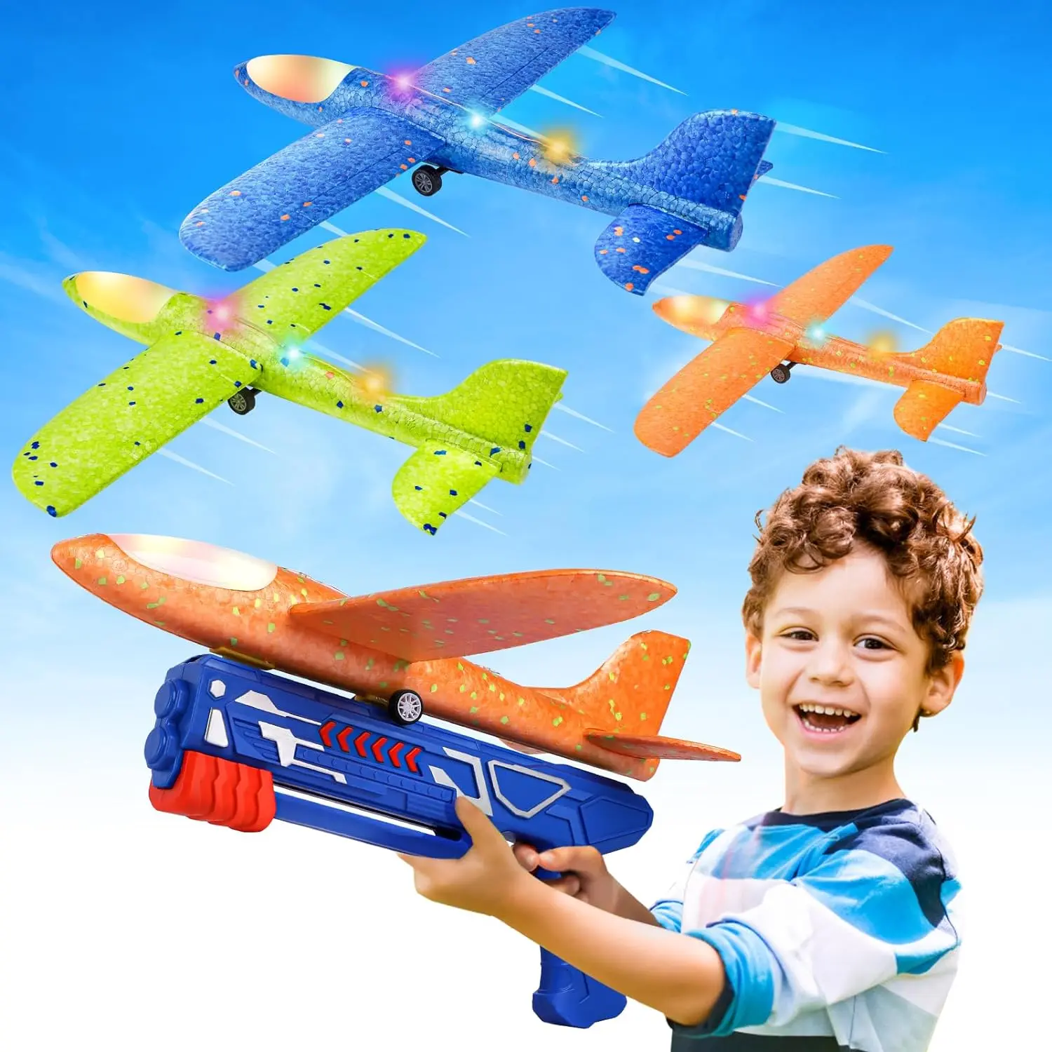 3 Pack Airplane Launcher Toys, 13.2'' LED Foam Glider Catapult Plane Christmas, New Year Toy for Boys, 2 Flight Modes Outdoor Flying Toys Birthday Gifts for Boys Girls 4 5 6 7 8 9 10 11 12 Year Old