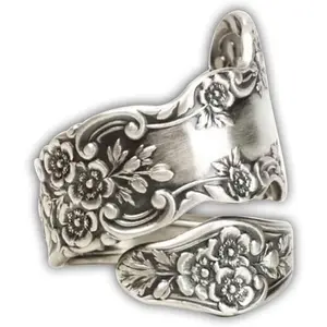 Spoon Rings Promise Wedding Engagement Statement Boho Circling Rose Flower Cluster Finger Open Ring Adjustable Extendable Wrap Bands for Women Men Retro