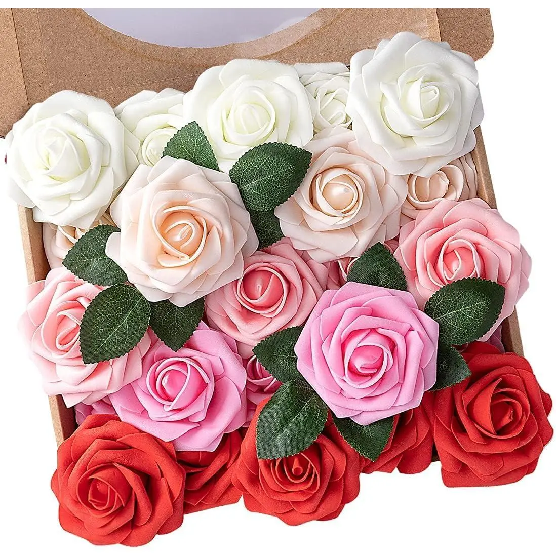 N&T NIETING Artificial Flowers 25pcs Real Looking Artificial Roses with Stems for Valentine's Day Mother's Day Wedding Bridal Bouquet Party Shower Cake Decoration, Series Red