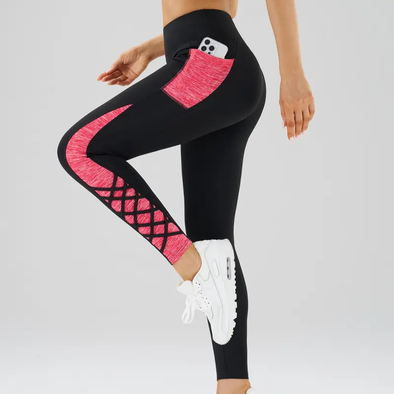 Crossover Straps Color Block Pocket Outdoor Sports Pants High Waist Yoga Pants, Cross Over Leggings, High Waisted Pocket, Fitness Pants, High Waist Activewear