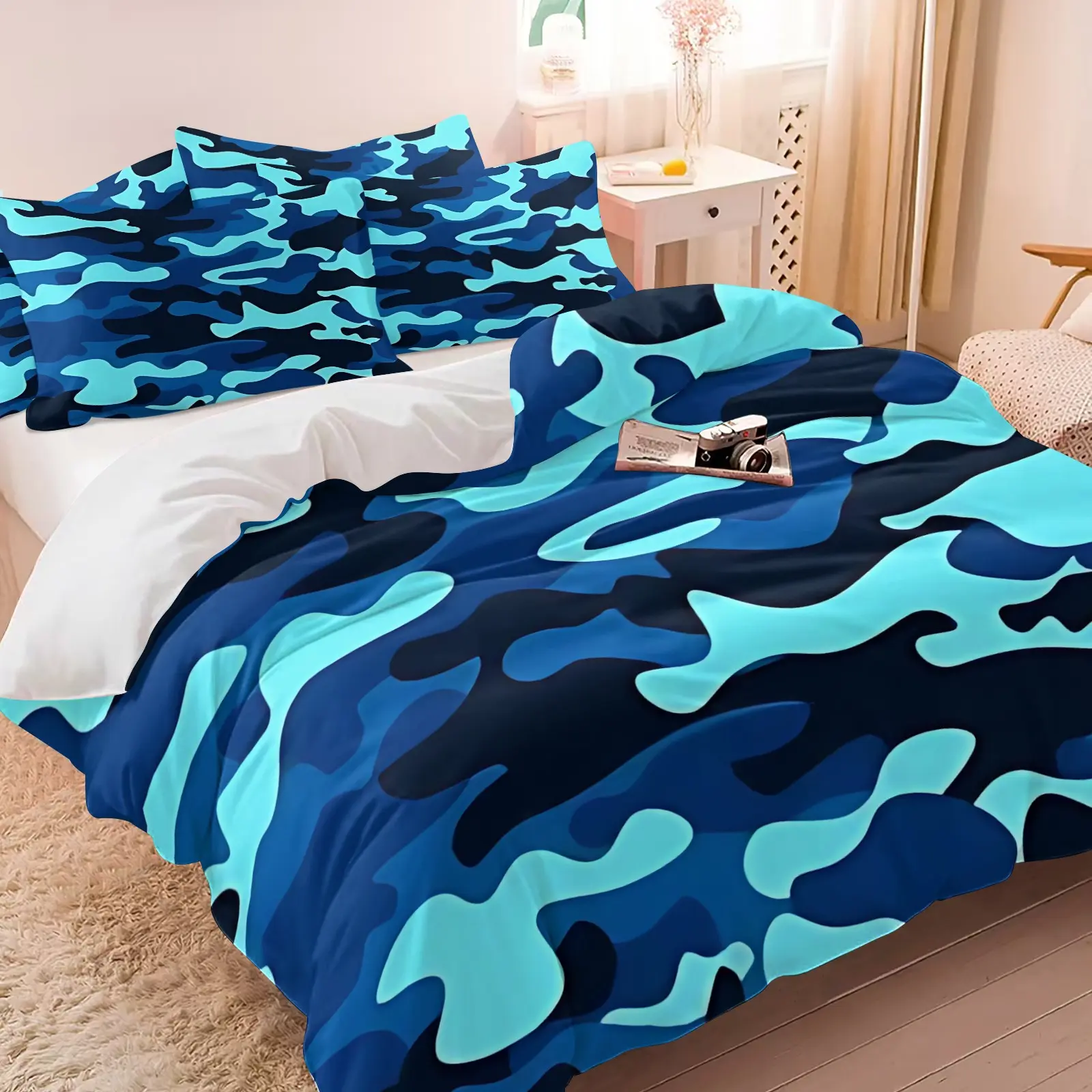 2/3-Piece Gradient Blue Camouflage Bedding Set Soft and Delicate Polyester Fiber Duvet Cover Set Features a Vibrant and Trendy Overall Style Suitable for All Seasons