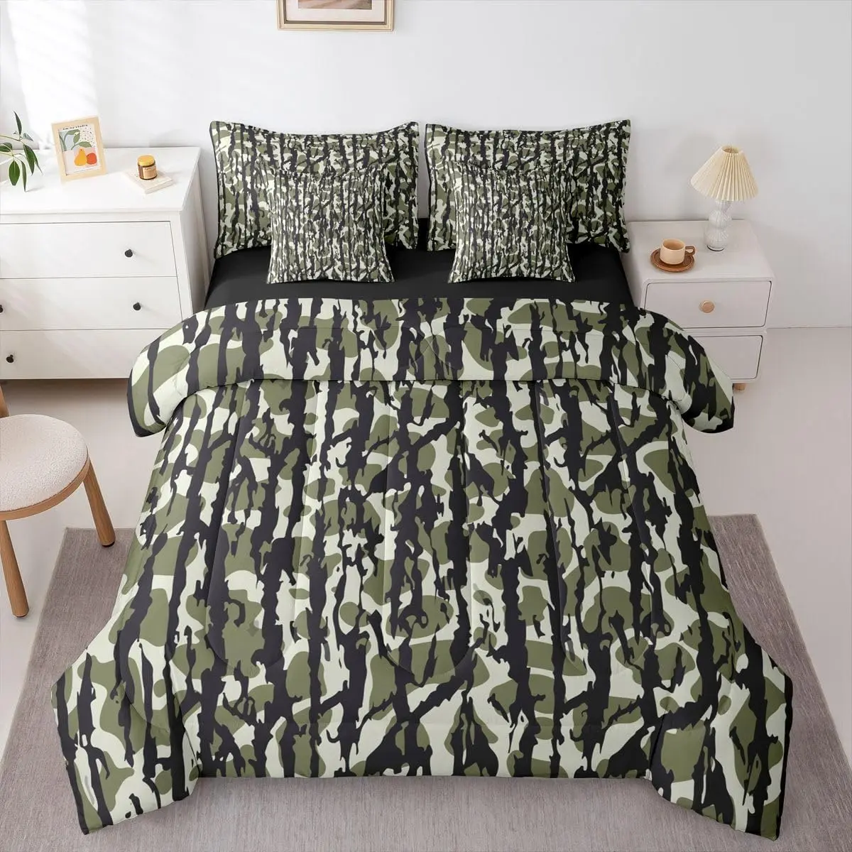 Camouflage 7 Piece Bedding Set Camo Comforter Set with Sheets,Pillowcases & Cushion Cover Camo Hunting Bed in a Bag Soft Microfiber Teal Green Black Room Decor
