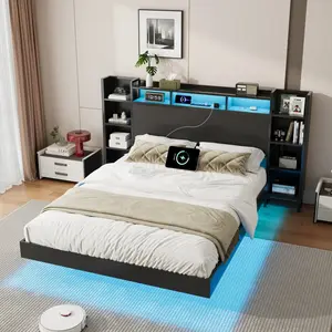 Full Floating Bed Frame with LED Lights and Storage Headboard, Heavy Duty Visual Floating Bed with USB Charing Station, Full Size Metal Platform Bed with Stable Structure, No Box Spring Need, Easy Assembly, Black