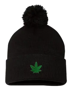 Marijuana Leaf Embroidered Knit Beanie Pom Cap