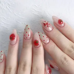 3D Crystal Tomato Gradient Wave Dot Star Press on Nails, Reusable Ballerina Medium Nail Tips, 30pcs for Women and Girls