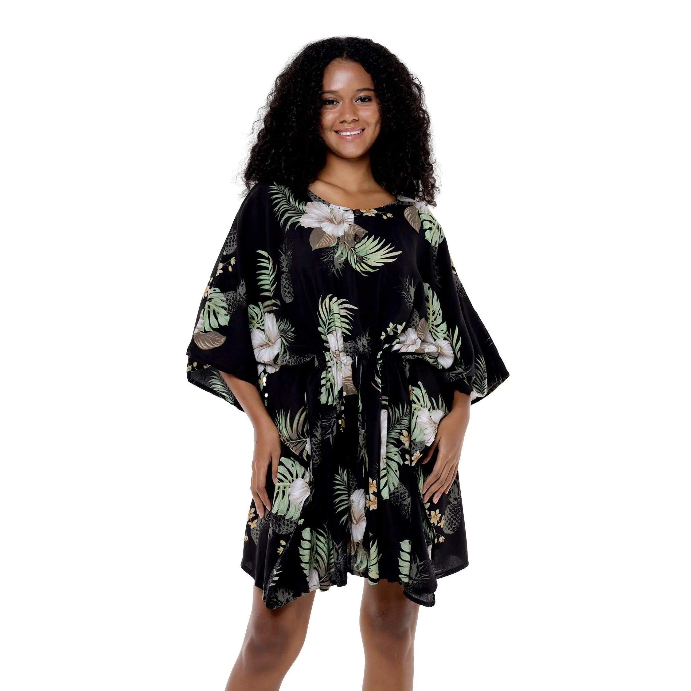 Women's Short Poncho Dress in Pineapple Garden Black
