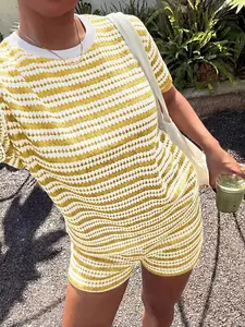 2-Piece American Retro Vintage Round Neck Striped Short Sleeve T-Shirt Set, Summer Sporty, Women's Fashion Casual Wear Womenswear