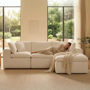 HUGHEAVEN 100" L-Shaped Modular Sectional Cloud Sofa with 1 Movable Ottomans, Comfy Cloud 3-Seater Deep-Seat Chenille Couch for the Living Room, Breathable Fabric, Thick Cushions, Pet-Friendly Shipped in two packages