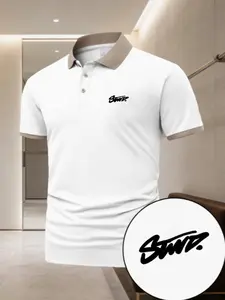 Men's High-Quality Polo Shirt with Stwd Handwriting Graffiti Print, Polyester Fabric, Regular Fit, Summer Short Sleeve T-Shirt
