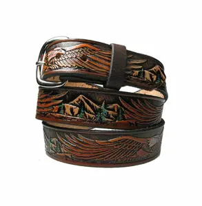 Painted Tooled Eagle Leather Snap Belt Strap - 100% Full Grain Western Style Cow Hide Removable belt strap - Bald Mountain Southwestern