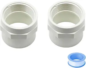 2-Count 1.5 in Female Thread White PVC Schedule 40 2-Way Pipe Coupling Adapter Connectors for Swimming Pools, Cold Water Lines, w/3m Sealing Tape HE061