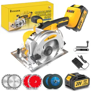 KITESDER 20V Cordless Brushless Circular Saw, 6900 RPM Power Saw with Max Cutting Depth 2-1/20", Metal Auxiliary Handle, 4.0Ah Battery & Charger, Multi-Blade Kit for Wood, Soft Metal, Plastic Cutting