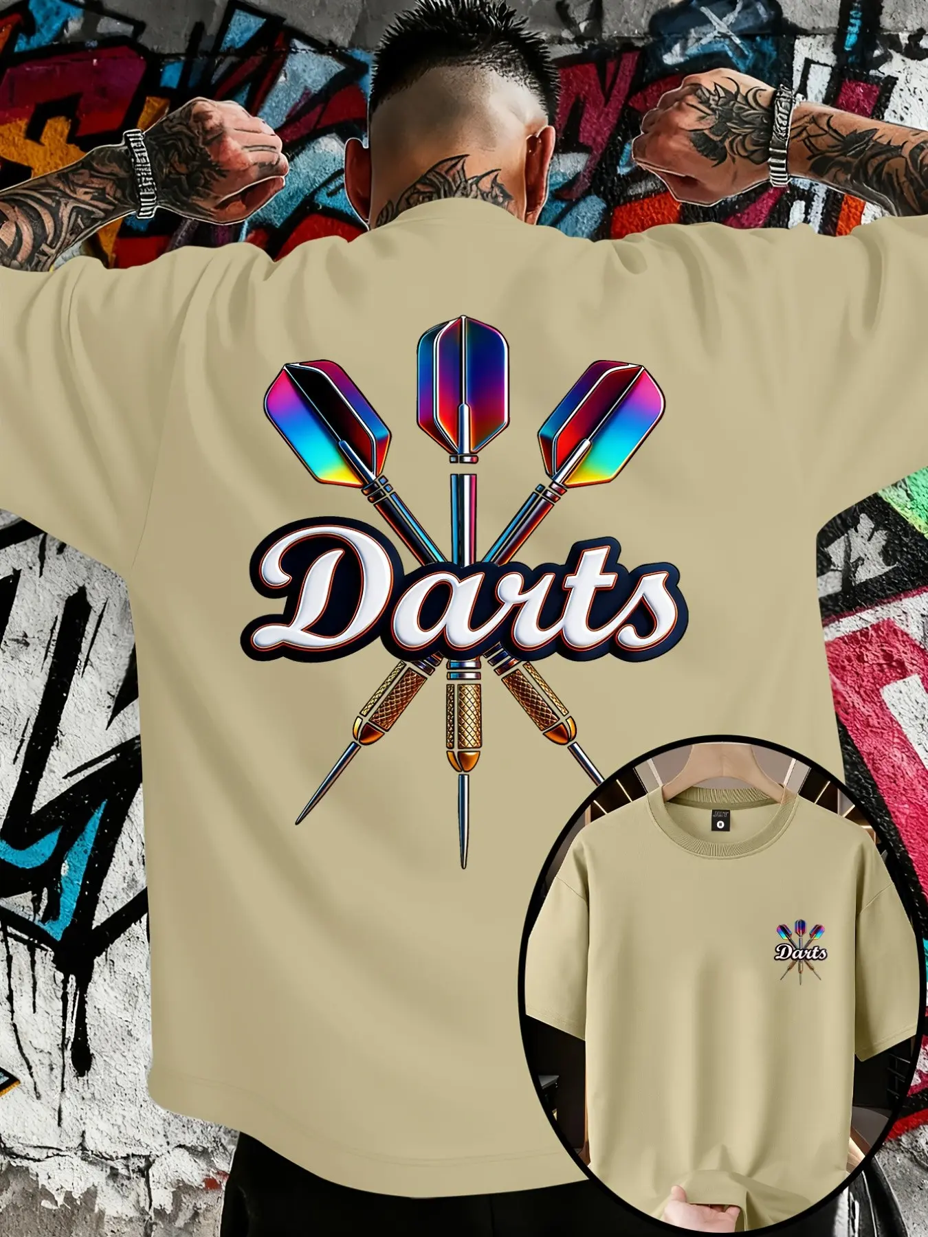 Men's Trendy Loose Round Neck T-Shirt, Casual Daily Short Sleeve Tee, Darts Dart Printed T-Shirt, Gift Idea, All Seasons, Fitted Long Top