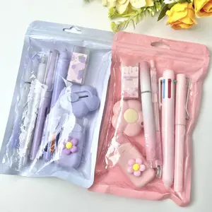 7 Pcs Pink & Purple Stationery Set 2 Pack with Smooth Writing Black Gel Pen Eraser Multicolor Pen Scraper Correction Tape Kawaii School Supplies for Girls