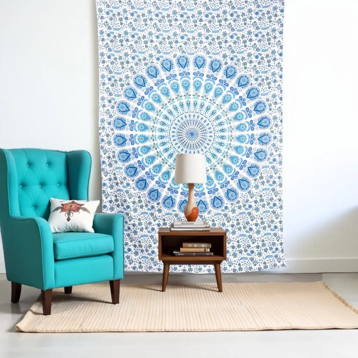 360 Stand Large Size Bohemian Handmade Blue & White Mandala Cotton Hanging Tapestry, 80x56 in, Indoor/Outdoor Home Decor for Room, Wall, Tapestry Wall Mural, Wall Tapestries