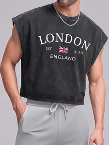 Vintage Washed Black London England EST 47 AD Union Jack Graphic Crop Tank Top, Retro Y2K British Aesthetic Sleeveless Muscle Tee for Women, Casual Loose Fit Streetwear Summer Aesthetic Top
