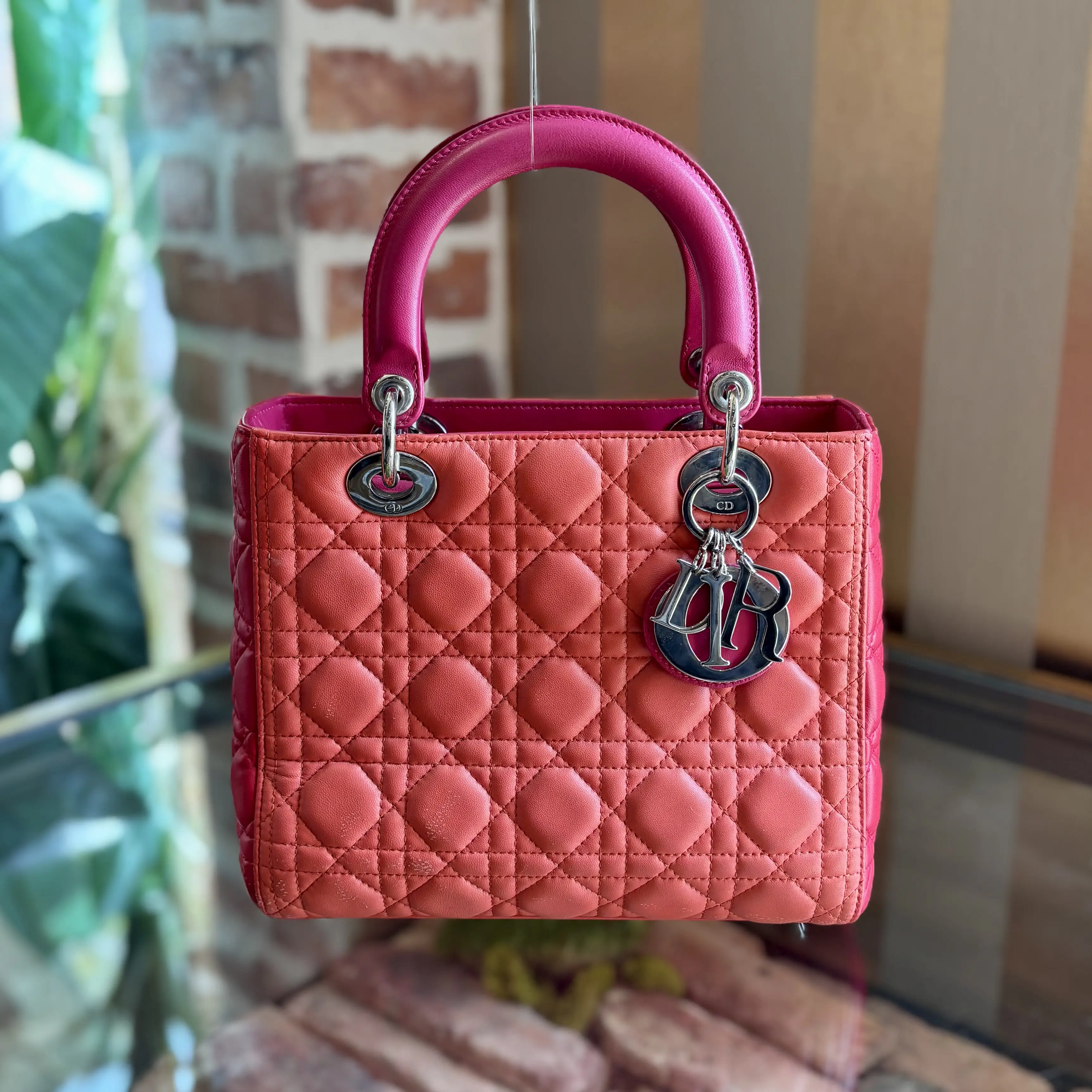 Pre-owned Dior Leather Tote Bags Medium Orange Cannage Lady Dior