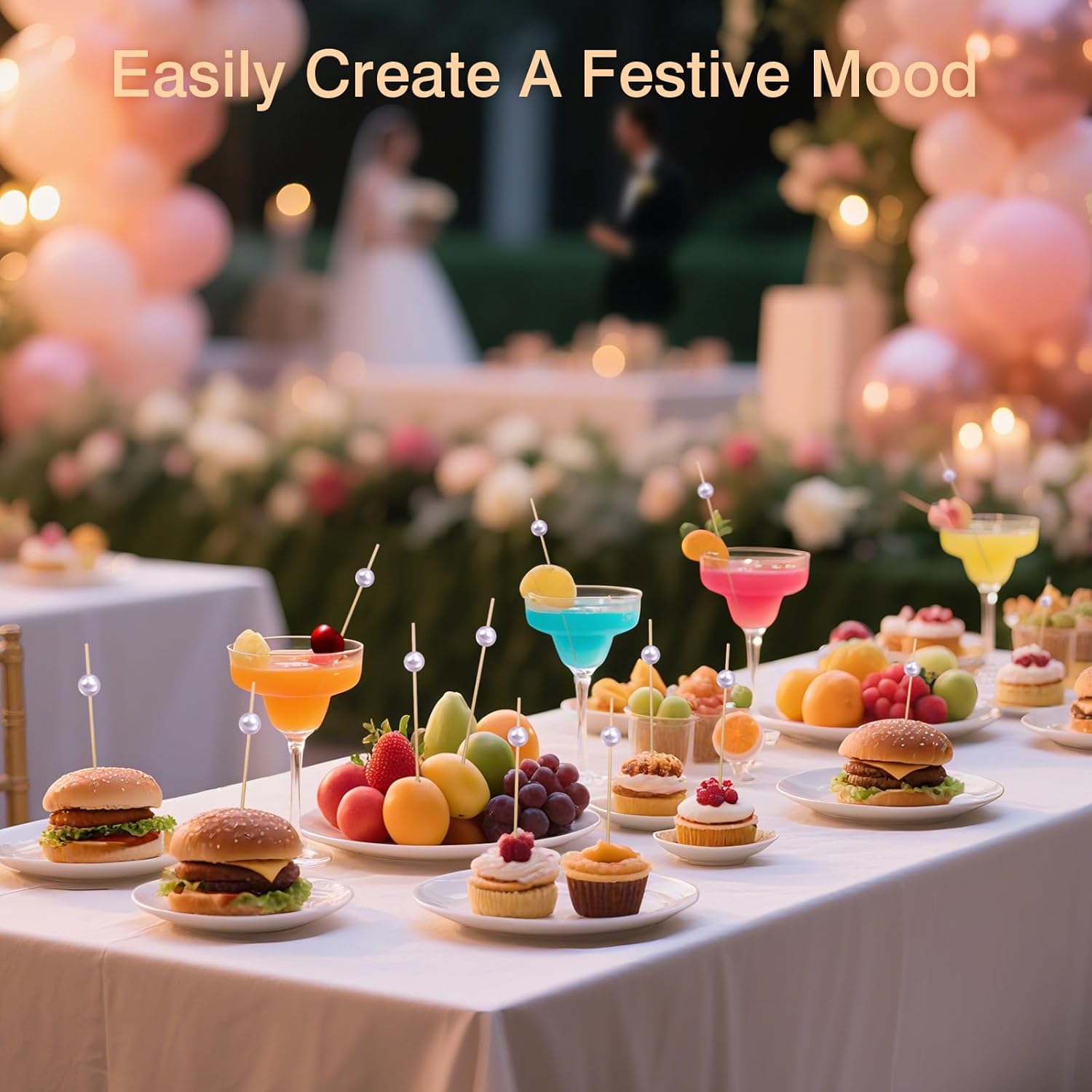 200 PCS White Pearl Cocktail Picks 4.7 Inch Bamboo Toothpicks for Appetizers, Drinks & Elegant Party Food Presentation