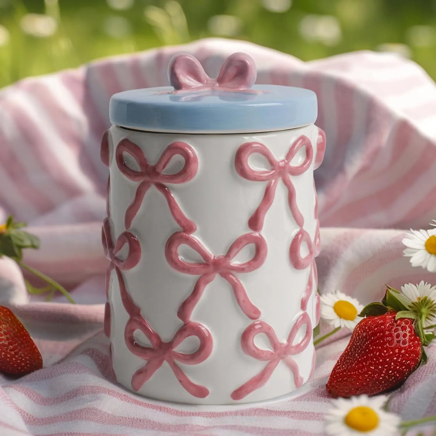 Cookie Jars with Lid Airtight, 7.5 Inch Large Ceramic  Storage Containers, Cute  Bow Kitchen Canisters for Countertop, Suitable for  r of Coffee, Sugar, , Flour,   (42oz)