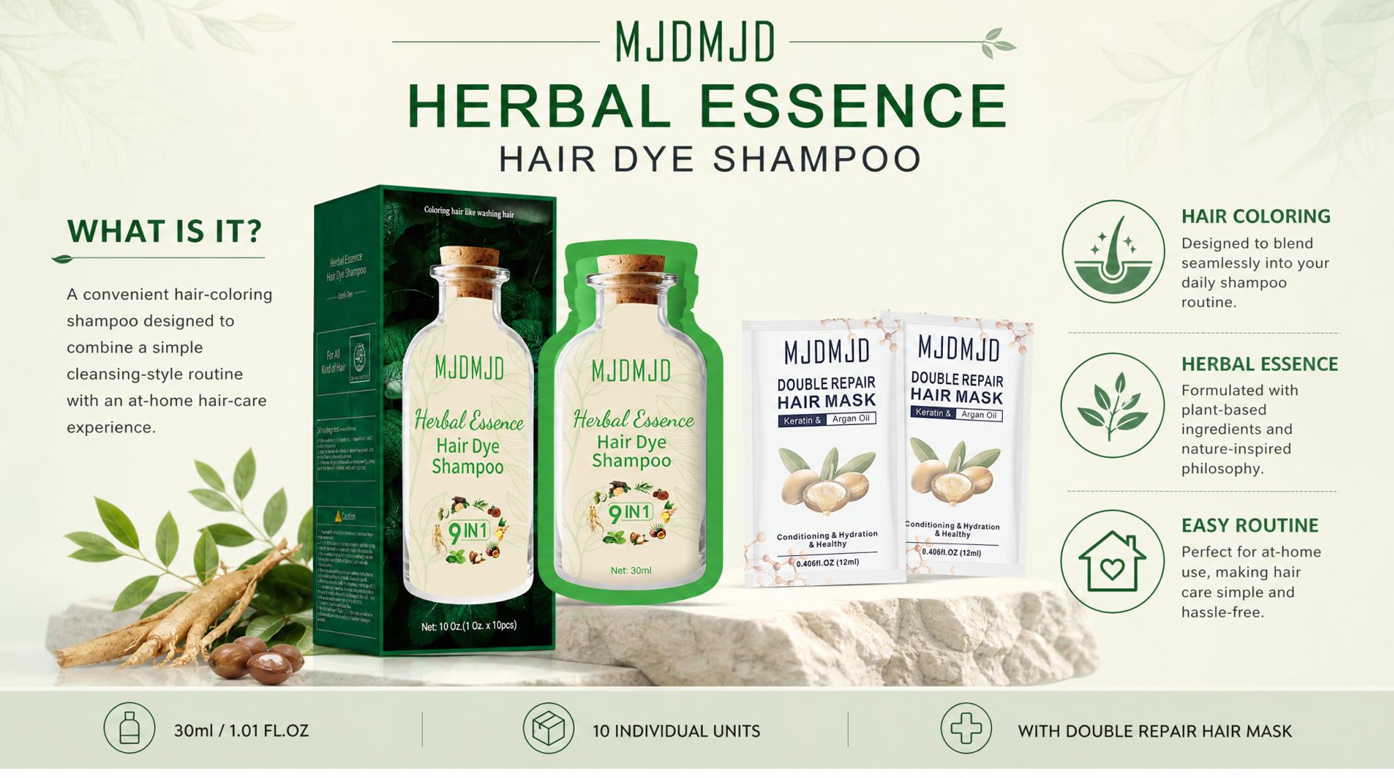 Blonde Brown Hair Dye Shampoo, 9 IN 1 Instant Hair Color for Gray Coverage, 20 Min Semi-Permanent Color, Herbal Hair Coloring Shampoo for Women & Men, 30ml x 10pcs