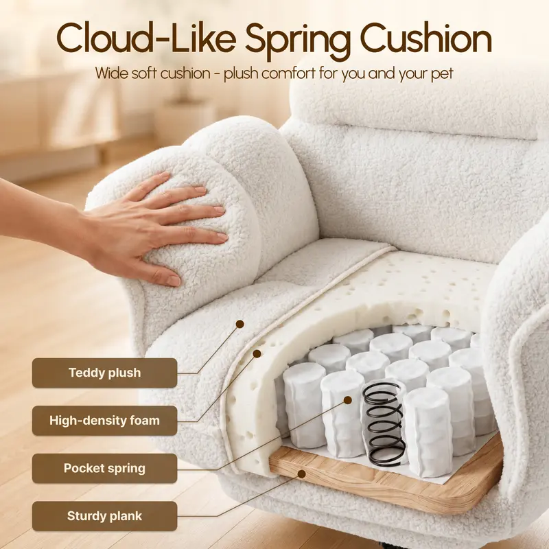 CoziDesk cloud-like spring cushion cross section showing teddy plush, high-density foam, and pocket spring layers