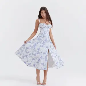 Floral Printed Corset Dress Ruched Bust Cami Dress Flowy Sundress