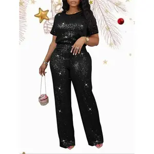 Women's Sequin Short Sleeve Long Pants Set, Casual Fashion for Daily Wear, Comfortable Summer Ensemble, Stylish Look